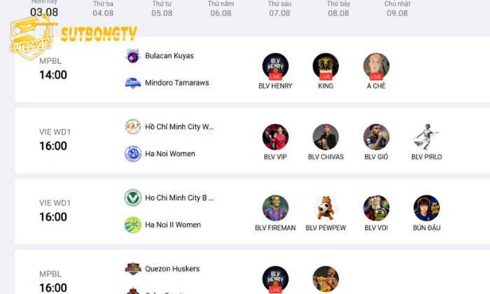 Lịch thi đấu được SutbongTV cập nhật liên tục